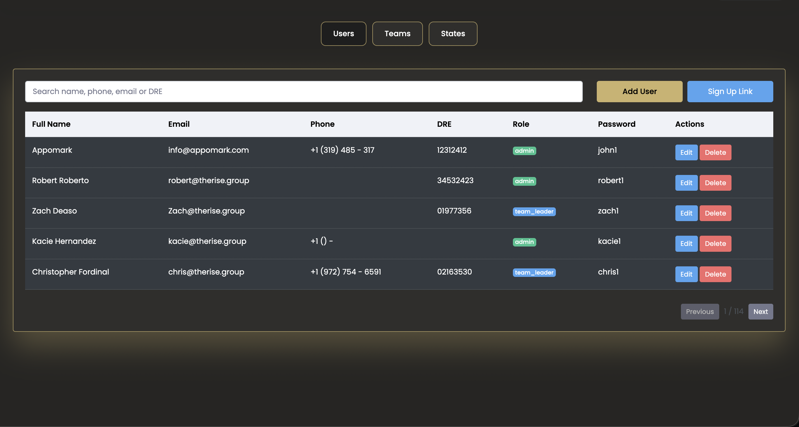 Manage Users, Teams and States